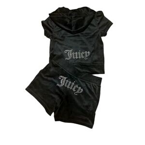 Juicy Couture Velvet Velour Black Lounge Outfit Set Shorts Zip Hoodie XL NWT